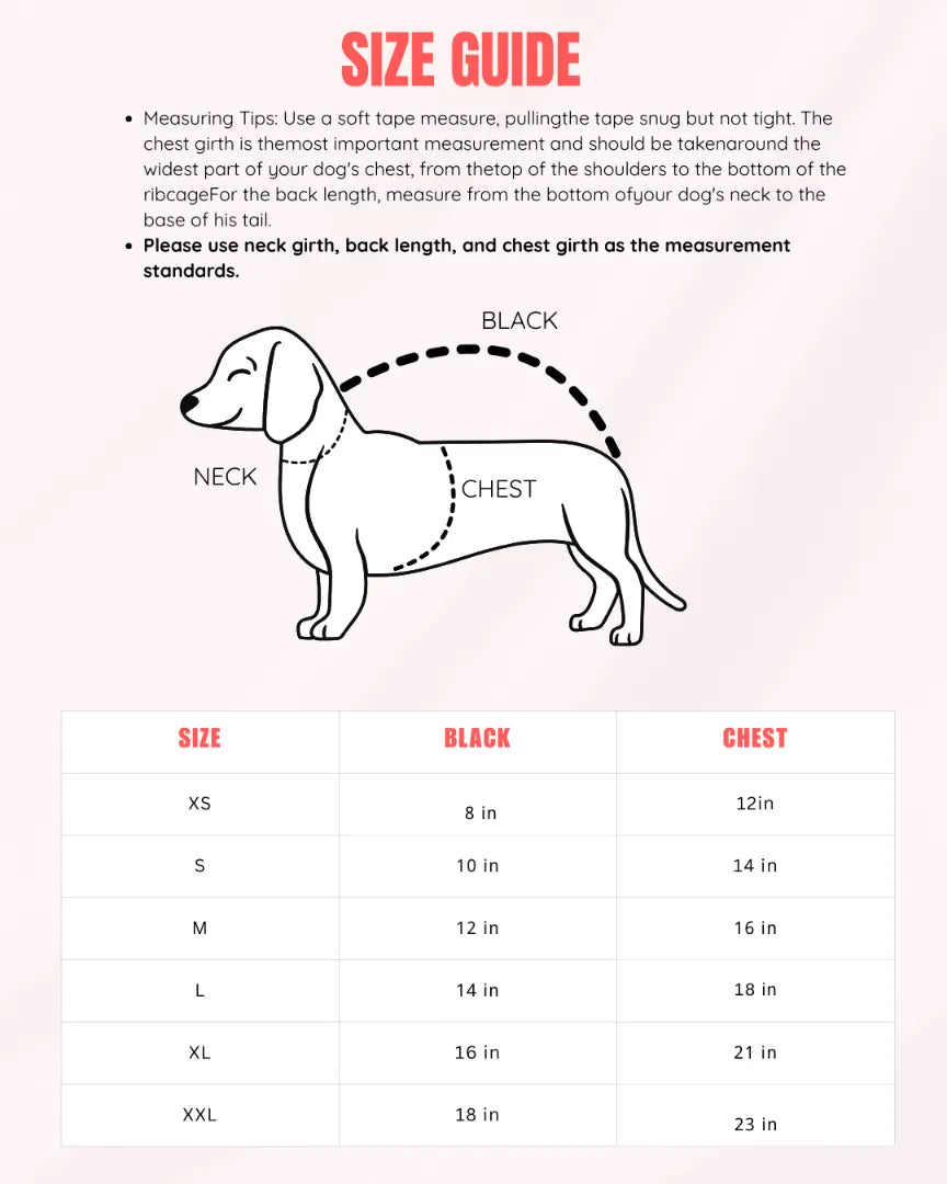 Dog size guide with measurements for neck, chest, and back length on a white background.