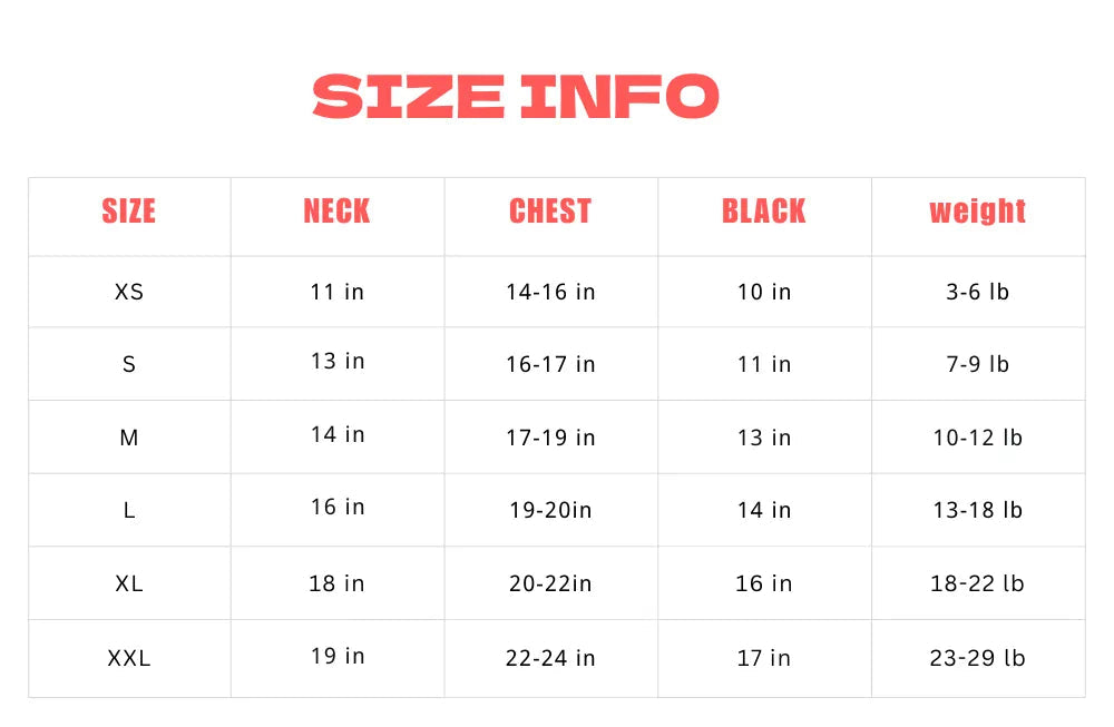 Size chart for clothing with measurements in inches and weight in pounds.