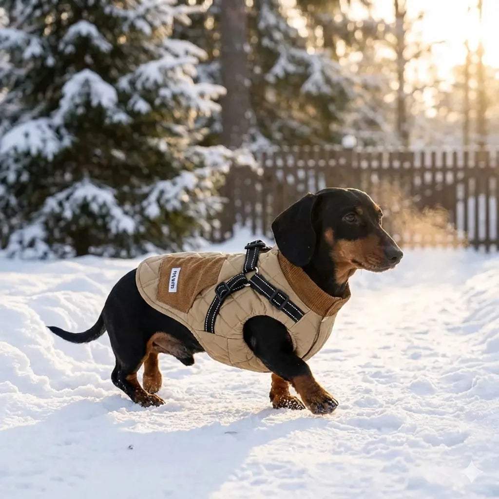 warm dog harness vest for dachshund during winter walk
