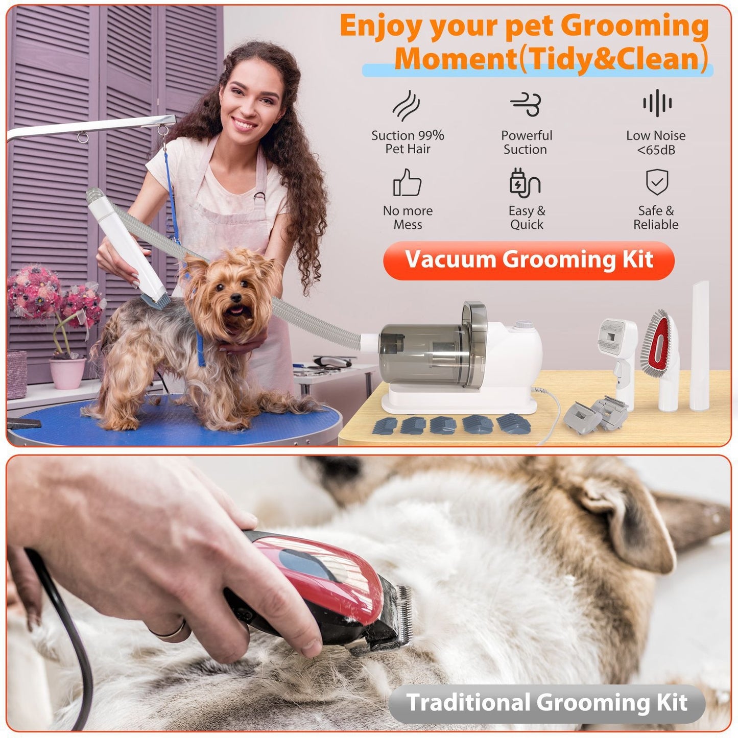 Multifunctional pet groomer and dog vacuum cleaner kit