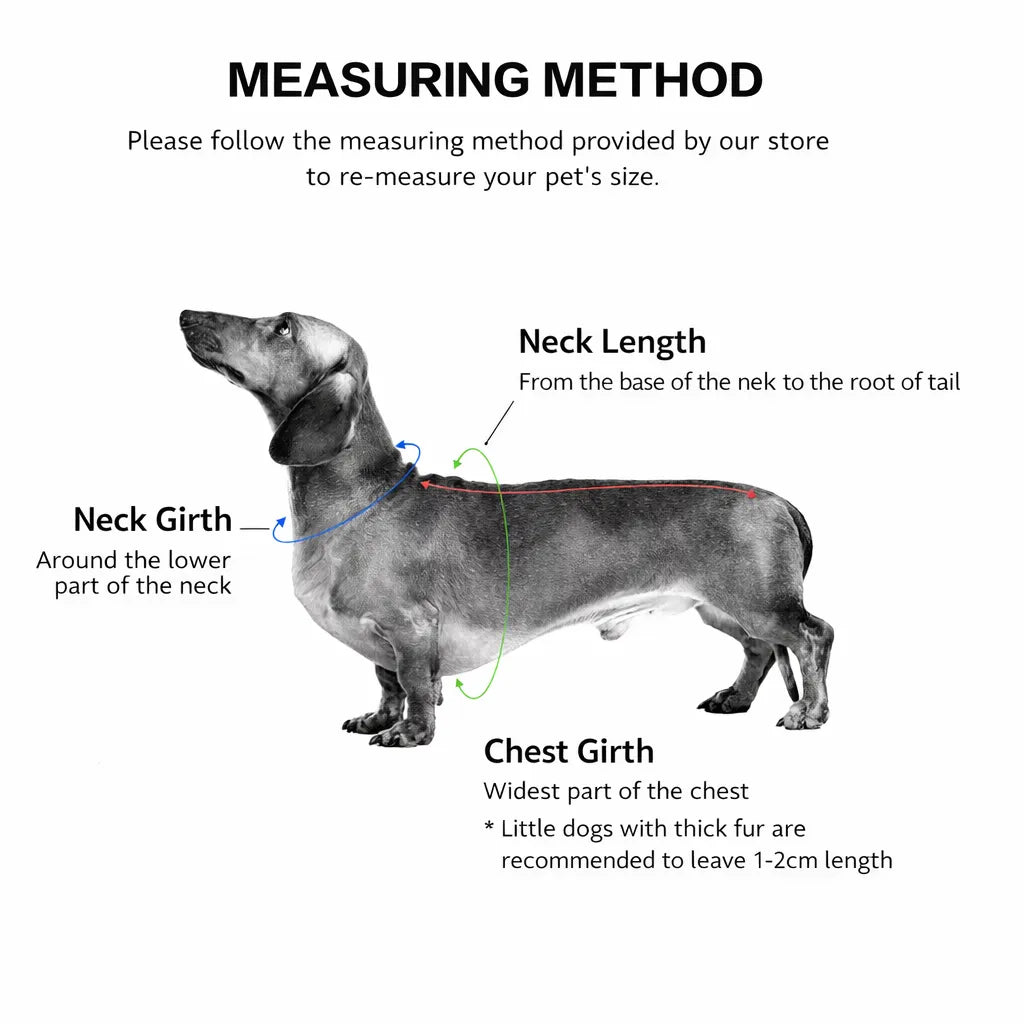 Diagram showing how to measure a dog for size with labels for neck length, neck girth, and chest girth.